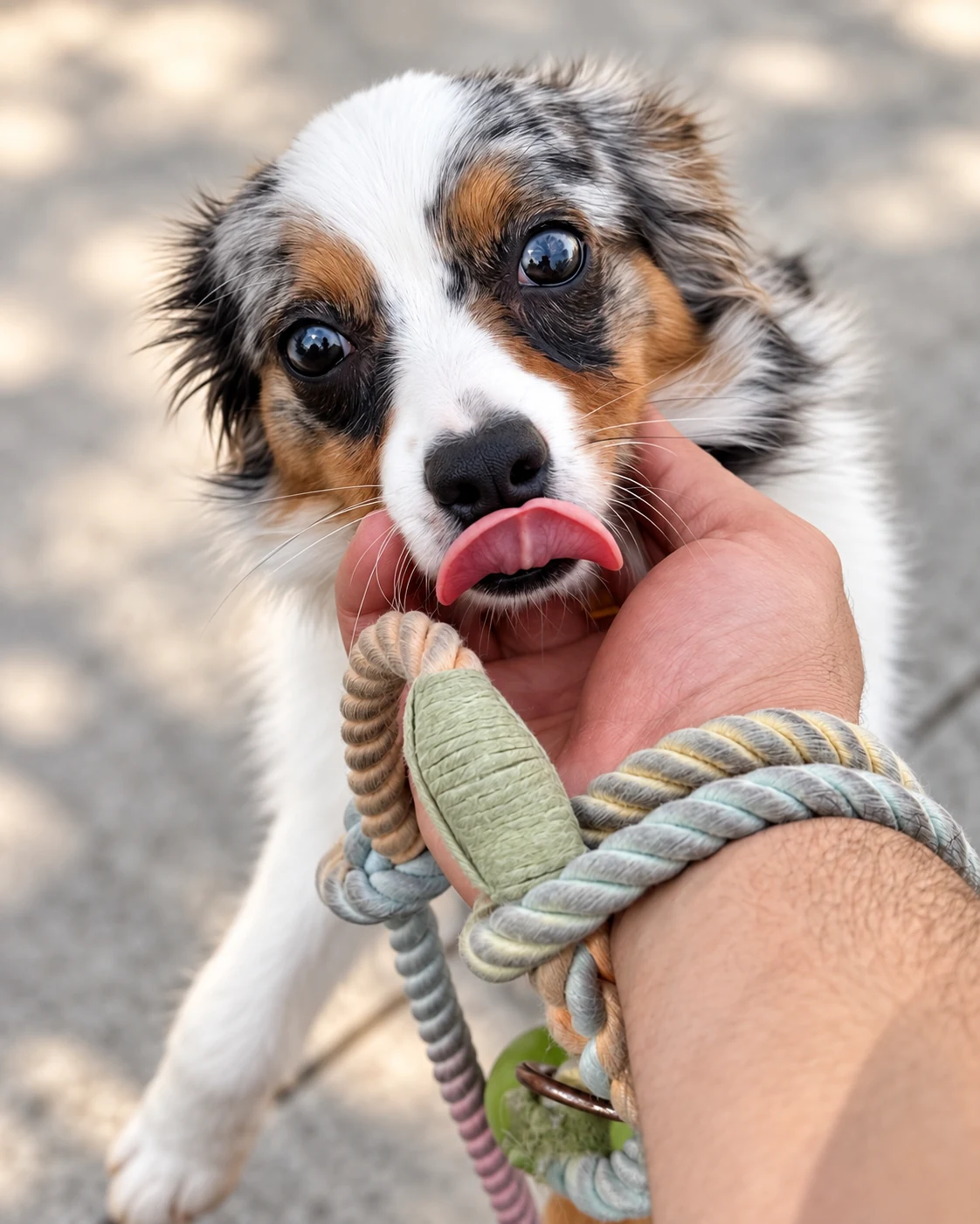 A blue merle mini Australian Shepherd puppy nuzzling a hand that holds a rope toy, outdoors on pavement