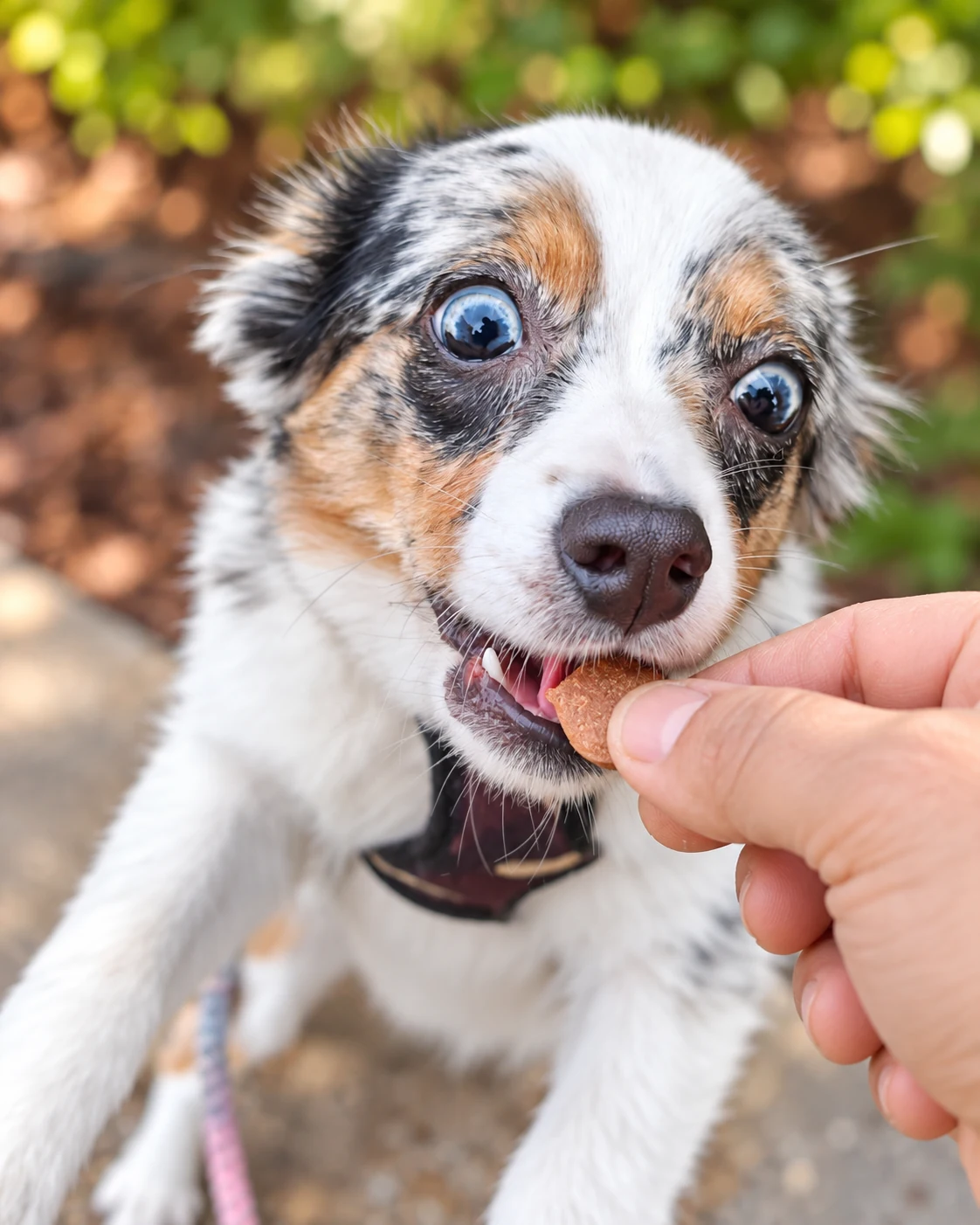 A blue merle mini Australian Shepherd puppy gently taking a treat by hand outdoors