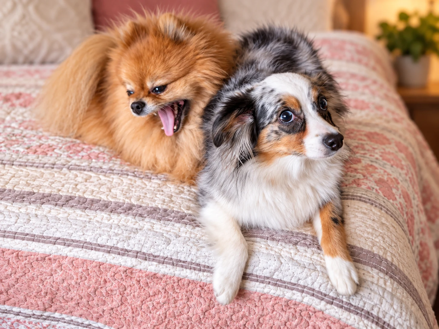 Eeve and Biscuit resting together on a bed with a soft pink quilt