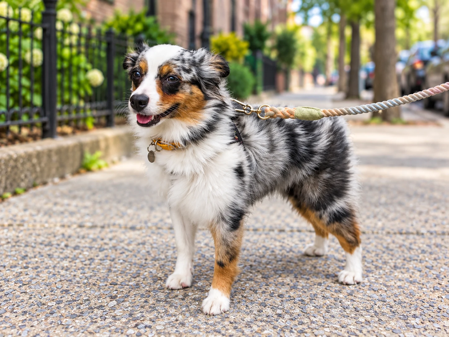 A blue merle mini Australian Shepherd standing on a leash on a tree-lined path