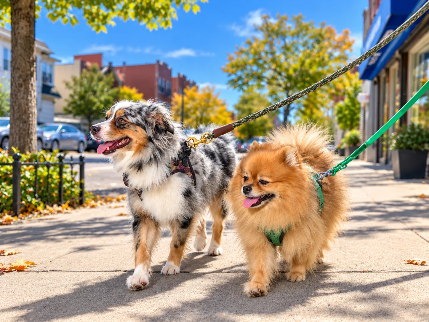 Eeve and Biscuit walking side by side along a sunny neighborhood sidewalk lined with storefronts