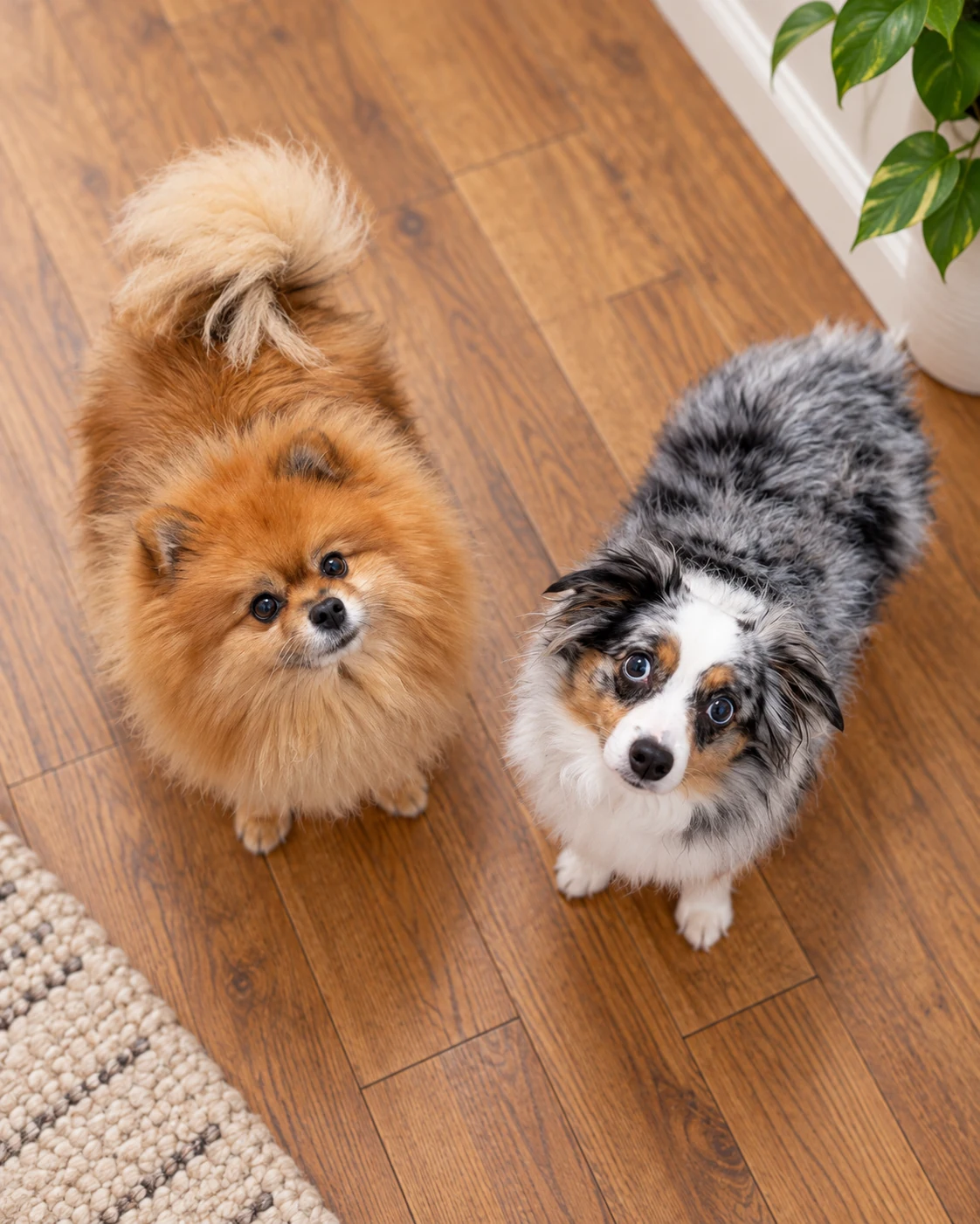 Eeve and Biscuit sitting together on a wood floor indoors, looking up at the camera
