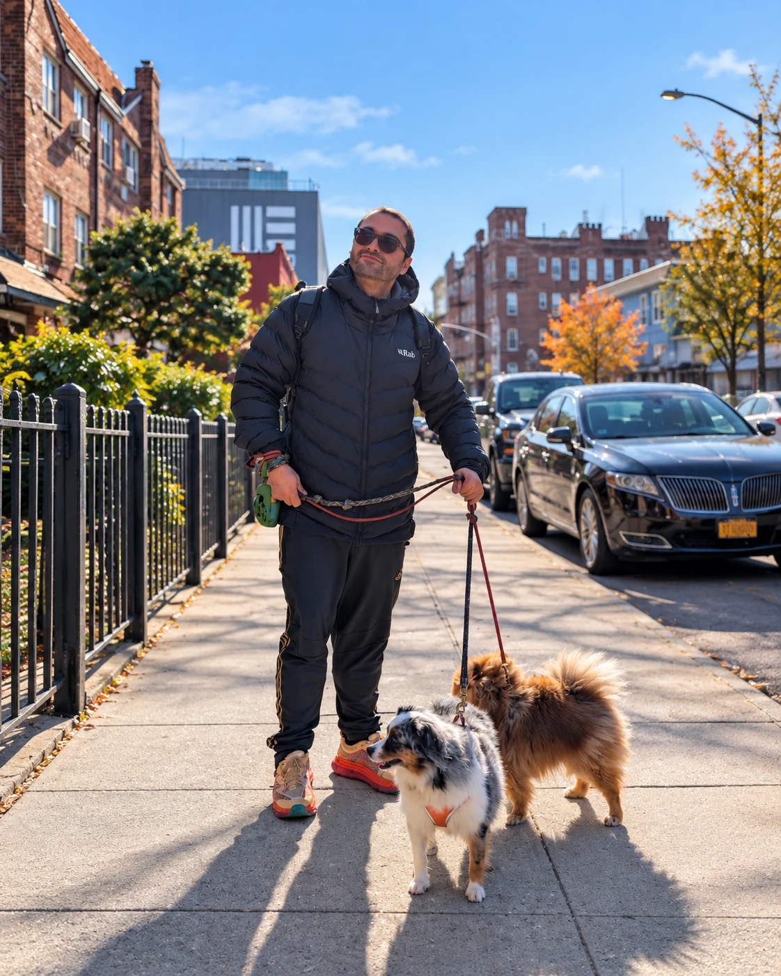 Eeve and Biscuit on leash with their walker, pausing on a sunny city sidewalk on an autumn afternoon