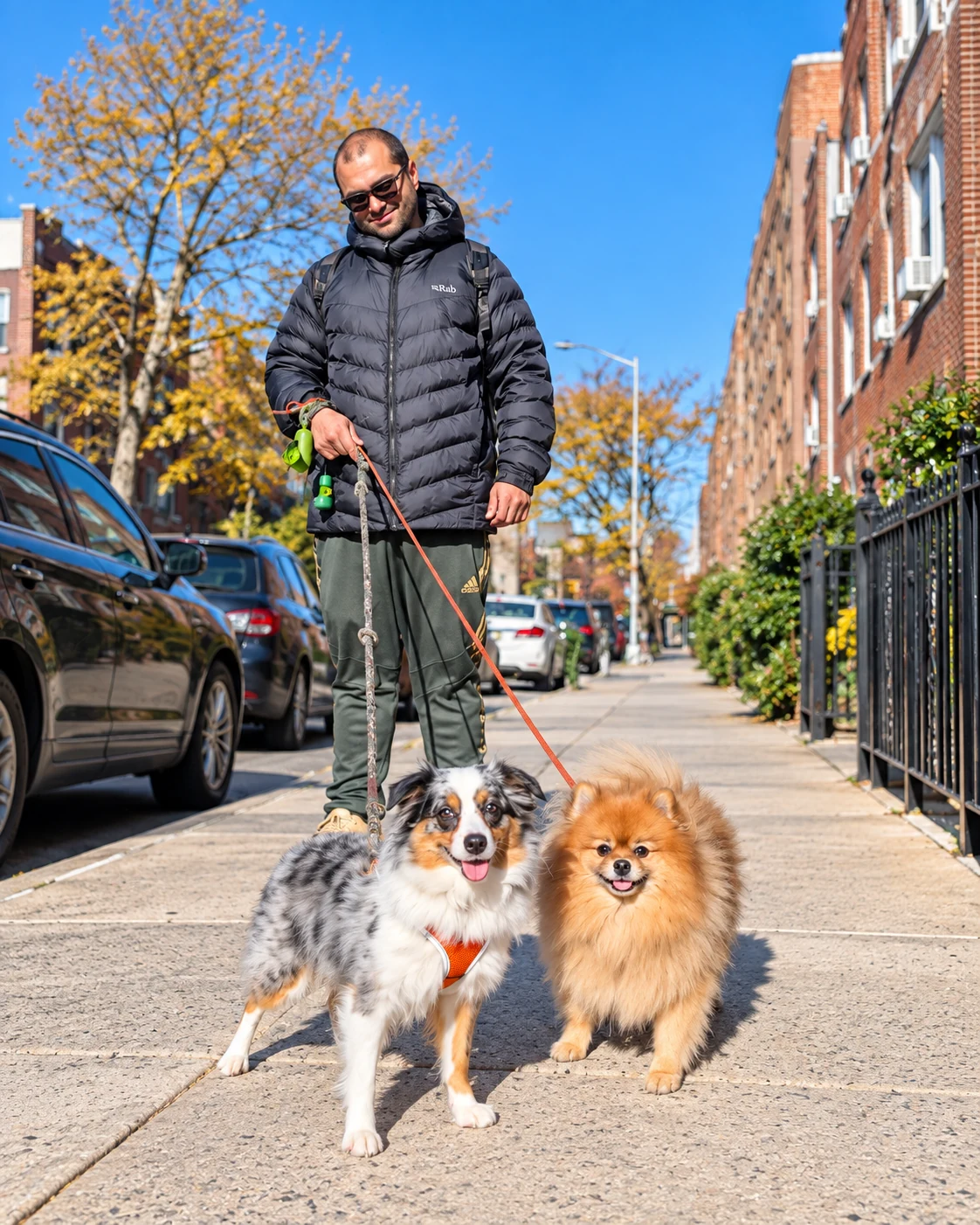 Eeve and Biscuit, a blue merle mini Australian Shepherd and an orange Pomeranian, out for a neighborhood walk with their walker on a sunny autumn sidewalk