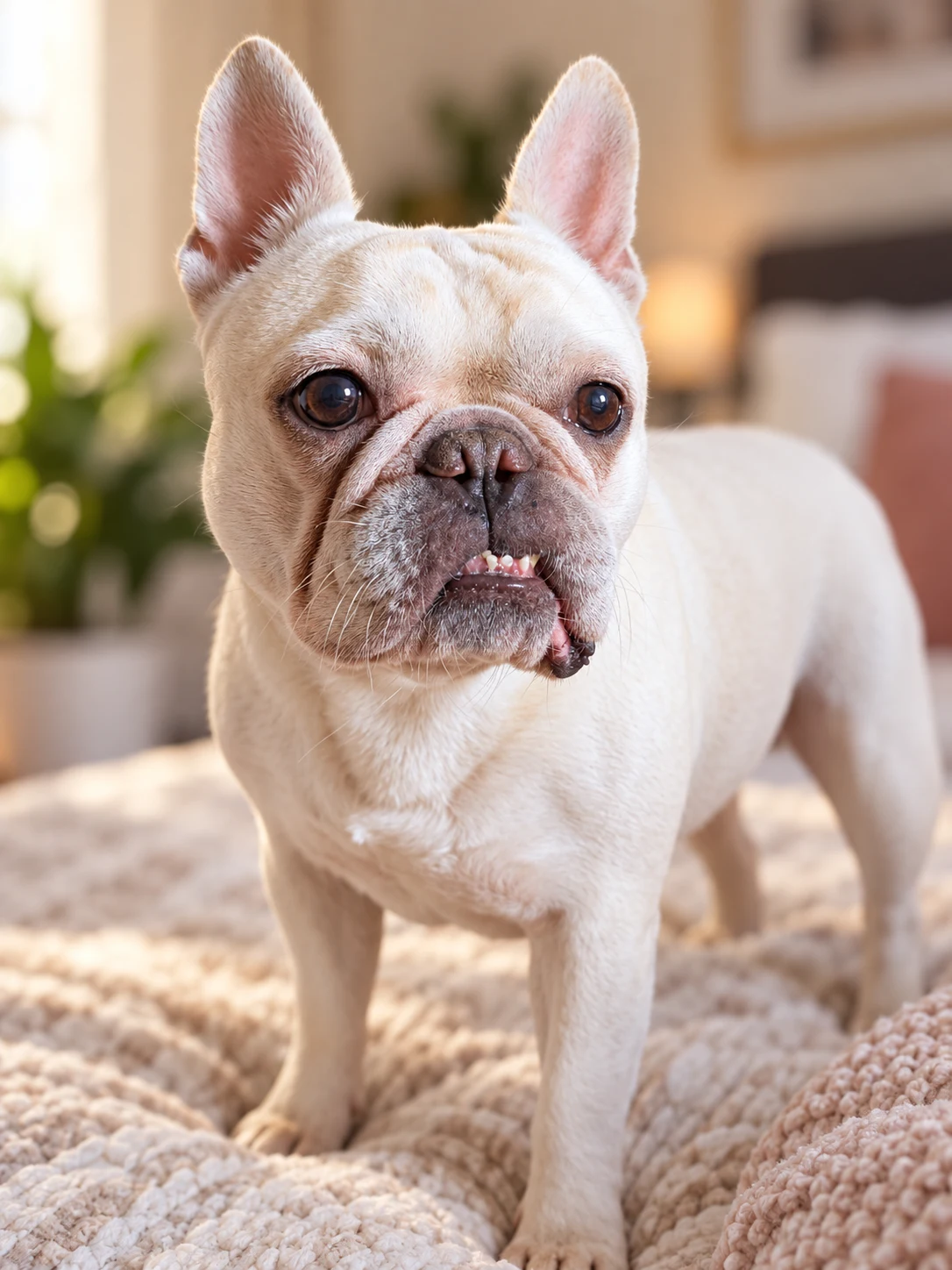 Frankie standing on a textured cream bed with a houseplant behind him, his mouth slightly open.