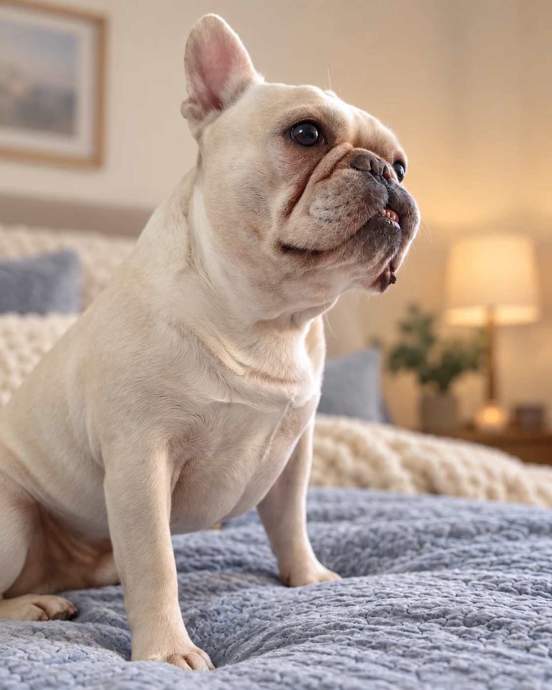 Frankie sitting on a blue bed in a bedroom lit by the warm glow of a lamp in the evening.