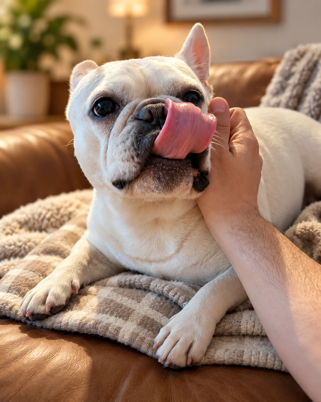 Frankie on a brown leather couch with a checkered blanket, licking his nose while a hand gently supports his chin.
