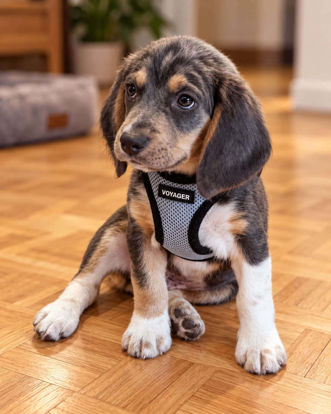 Gen as a tricolor beagle puppy sitting indoors on a wood floor, wearing a gray harness.