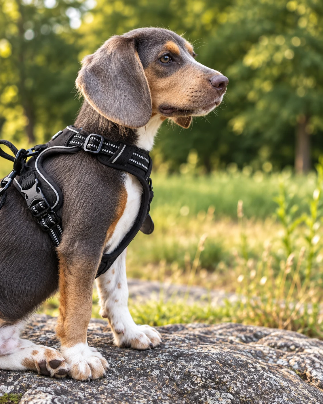 Gen, a young tricolor beagle puppy in a black harness, standing on a rock with greenery in the background.