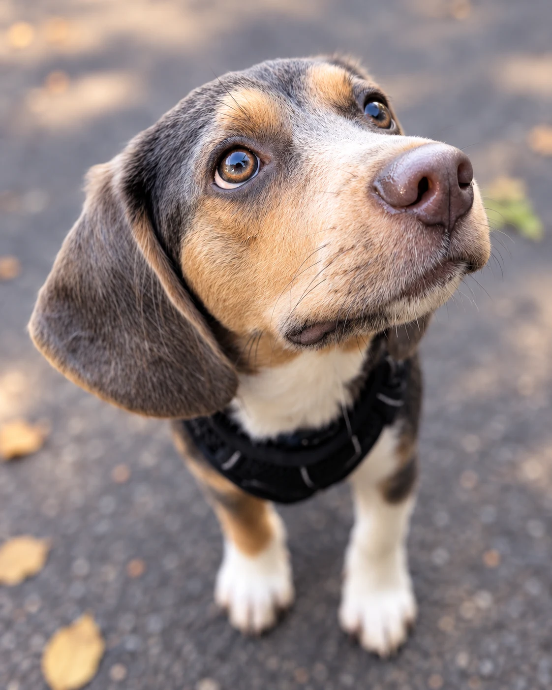 Close-up of Gen as a young tricolor beagle puppy looking up, outdoors.