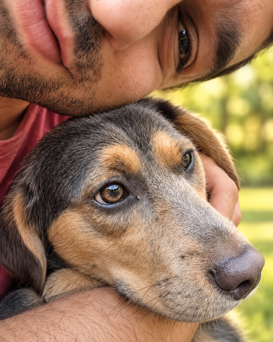 A person gently hugging Gen, a tricolor beagle, outdoors on a sunny day.