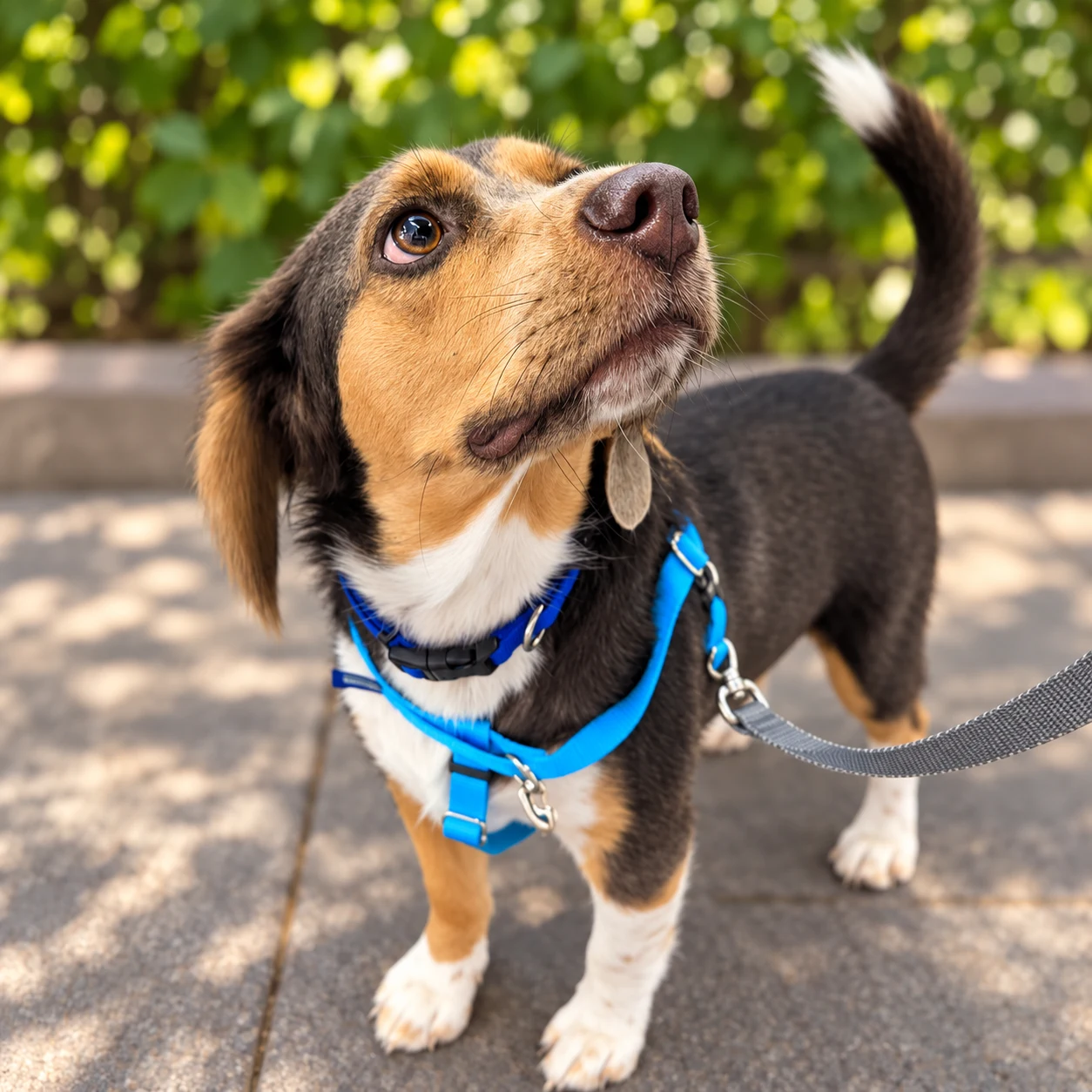 Gen, a tricolor beagle in a blue harness and leash, looking upward while standing on a sunny sidewalk.