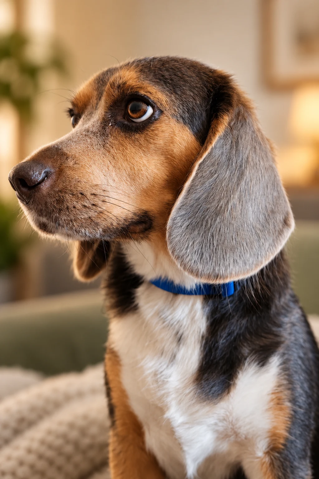 Close-up portrait of Gen, a tricolor beagle wearing a blue collar, indoors.