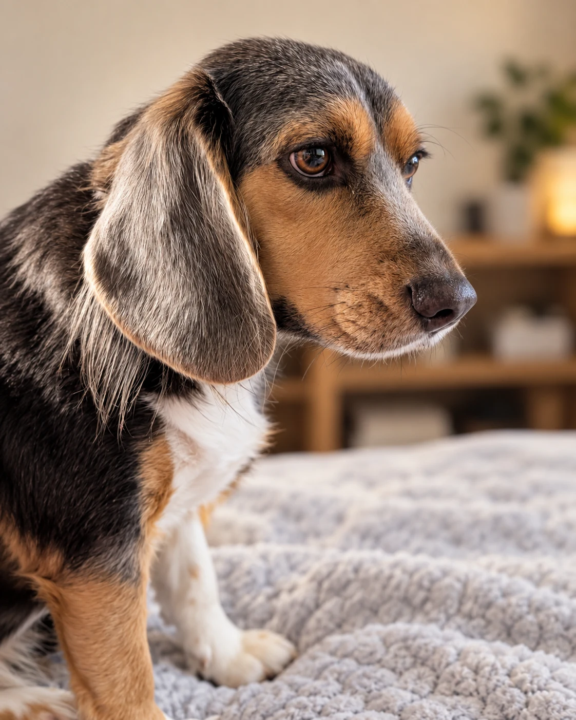 Gen, a tricolor beagle, resting on a soft blanket indoors in warm light.