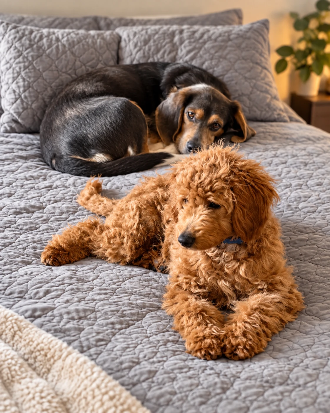 Gen, a tricolor beagle, curled up on a bed beside Red, an apricot doodle, both resting indoors.