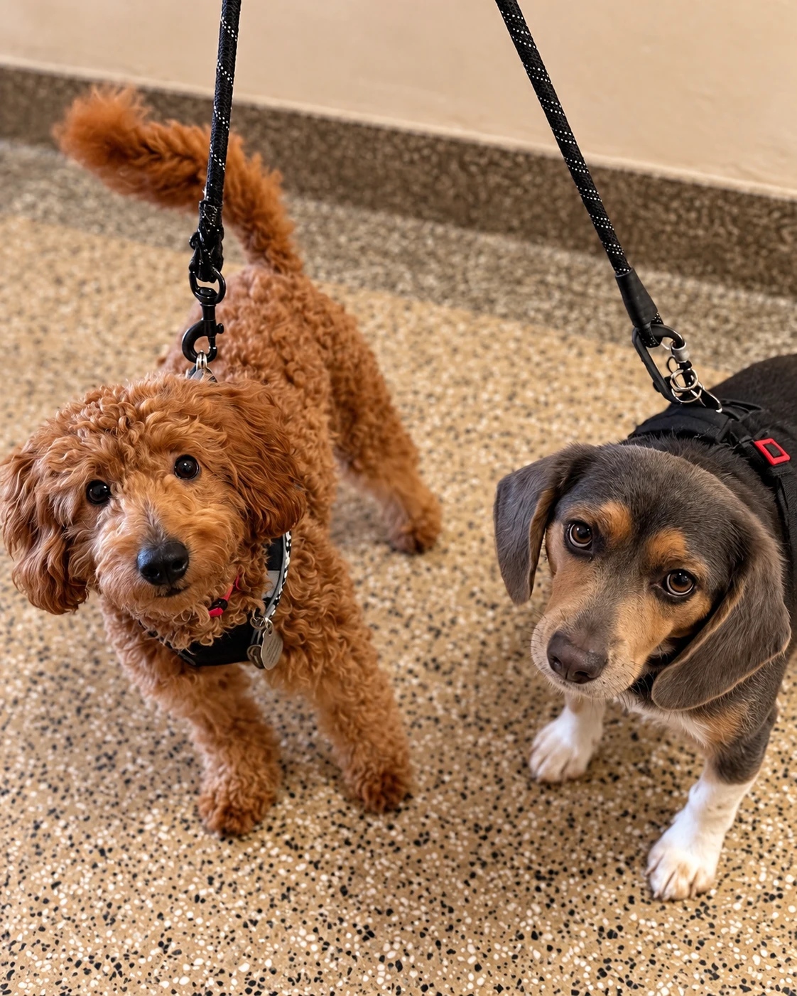Red, an apricot doodle, and Gen, a tricolor beagle, on leashes walking together outdoors on a paved path.
