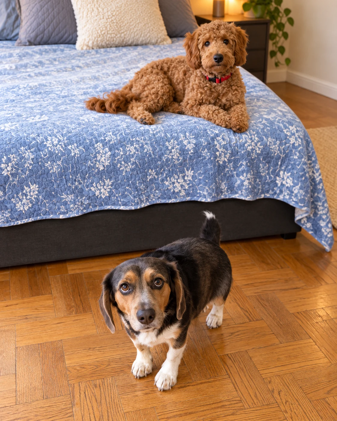 Red, an apricot doodle, resting on a bed while Gen, a tricolor beagle, stands on the floor nearby indoors.