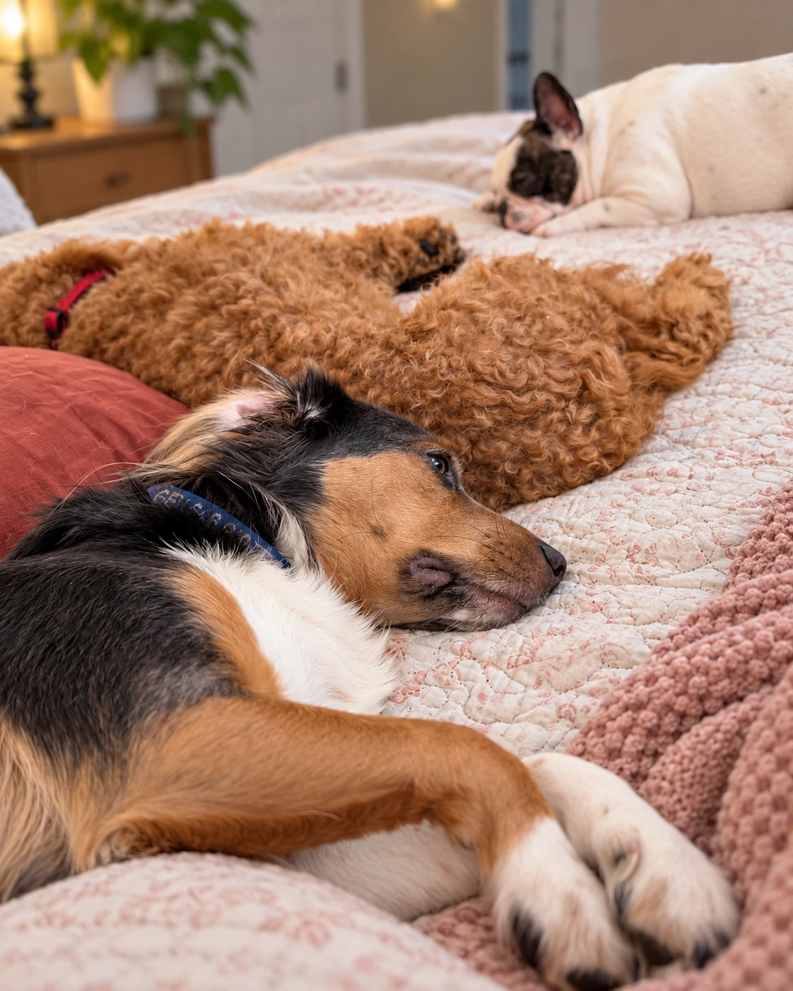 Red, an apricot doodle, and Gen, a tricolor beagle, resting together on a bed at home.