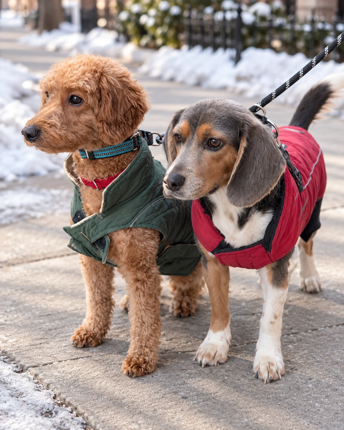 Gen, a tricolor beagle in a red coat, and Red, an apricot doodle in a green coat, standing together on a snowy sidewalk during a winter walk.