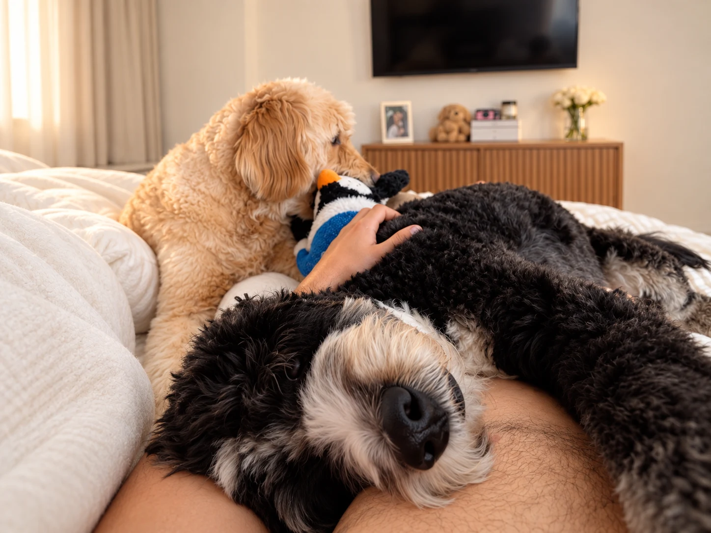 Saint and Franklin relaxing at home on a bed, one dog resting belly-up and the other nuzzling a plush toy