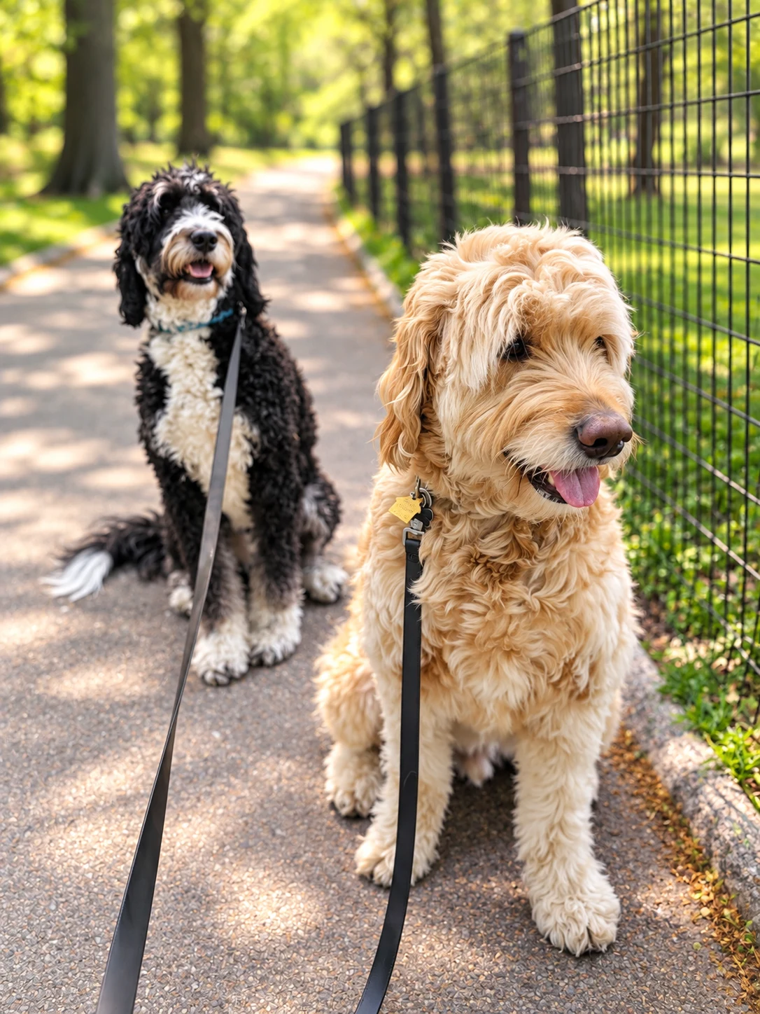 Saint and Franklin sitting side by side on leash on a park path lined with a black metal fence and greenery