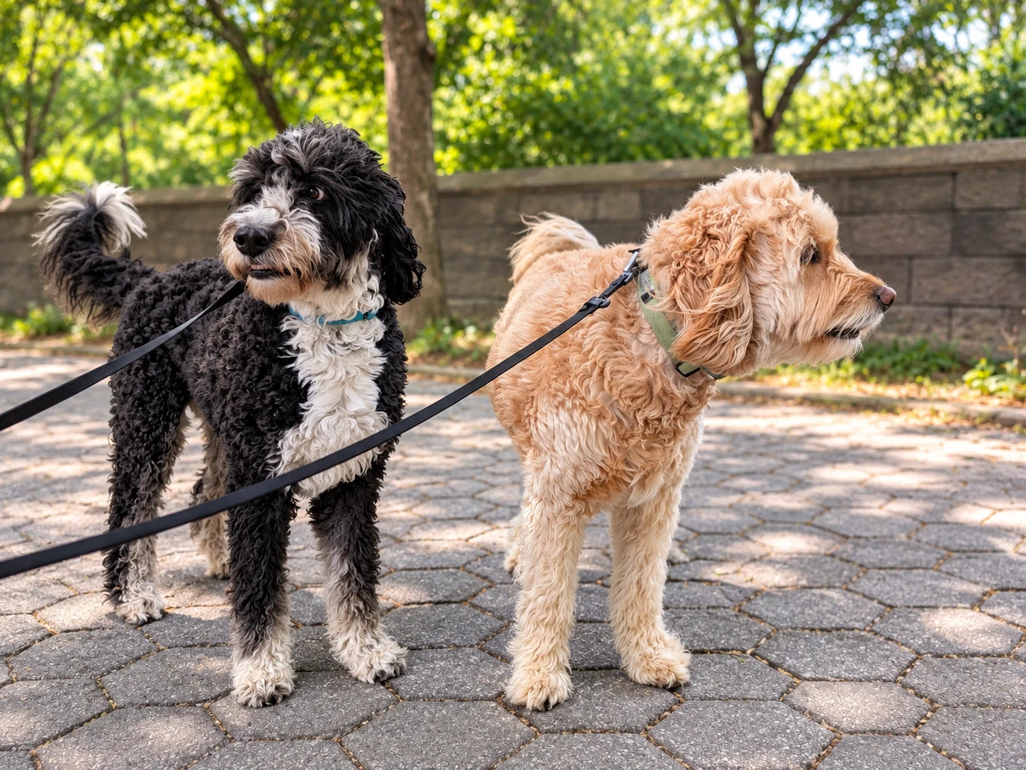 Saint and Franklin on leash on a paved park path beside a low stone wall and green trees