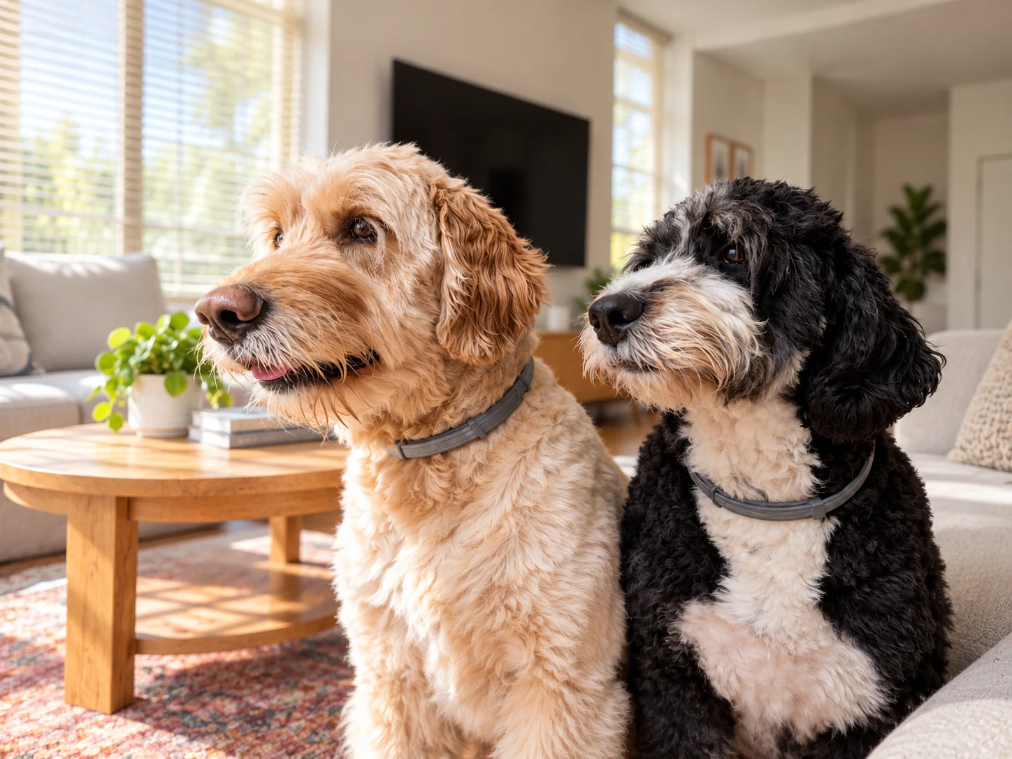 Saint and Franklin sitting together in a bright living room beside a wooden coffee table