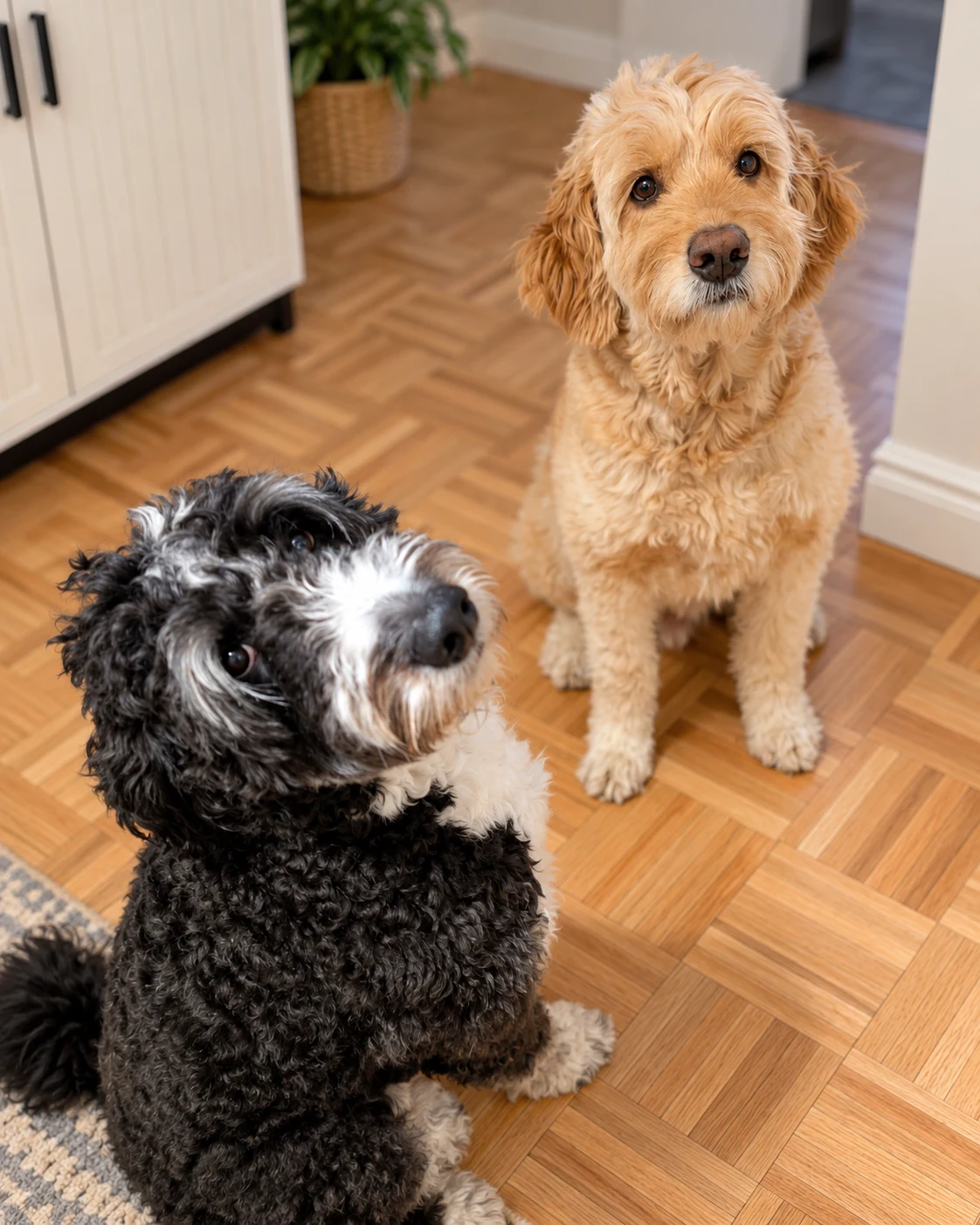 Saint and Franklin, a golden doodle and a black-and-white doodle, sitting together on a wood floor indoors and looking up at the camera