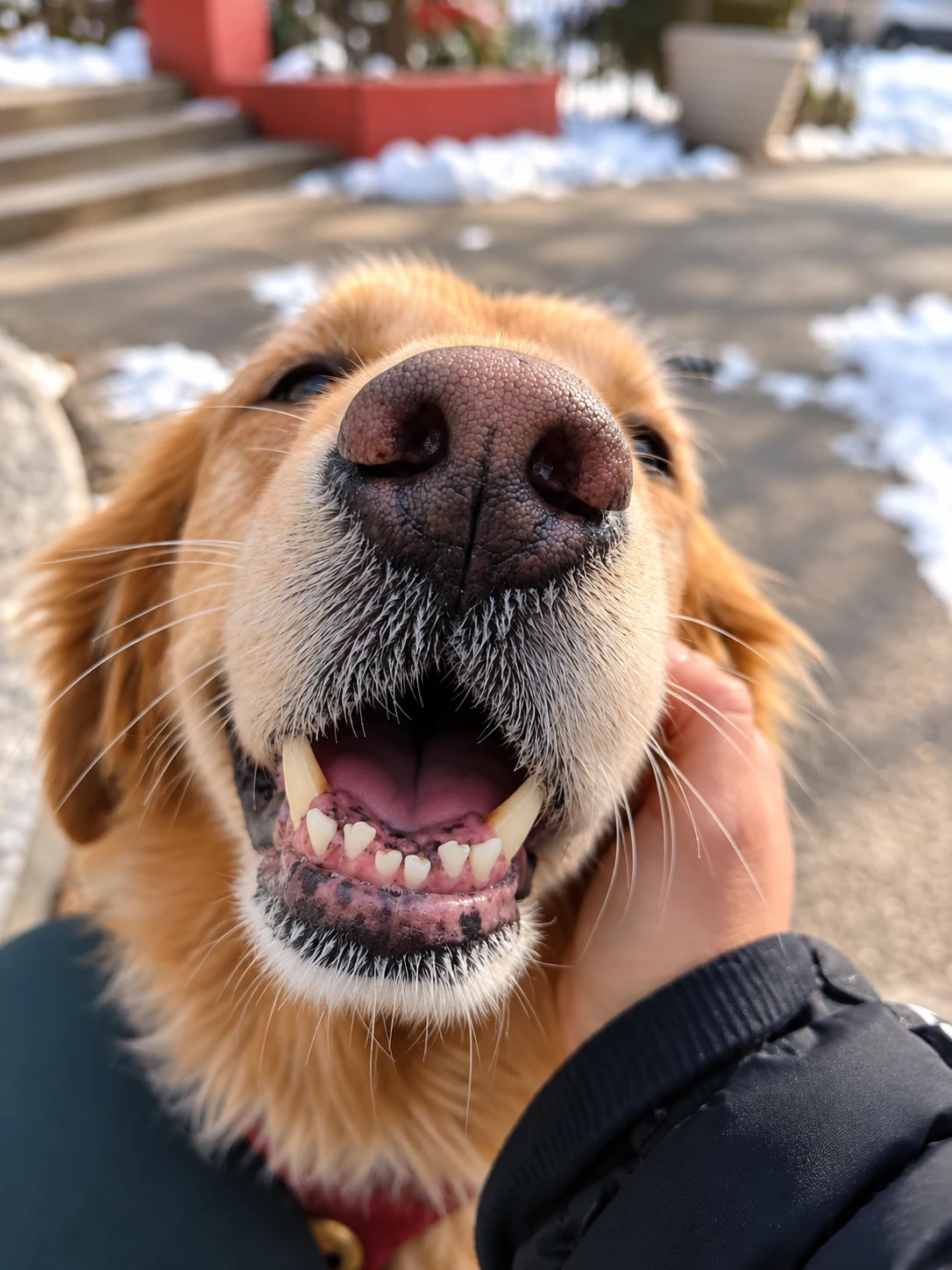 Close-up of Senator smiling with his mouth open.