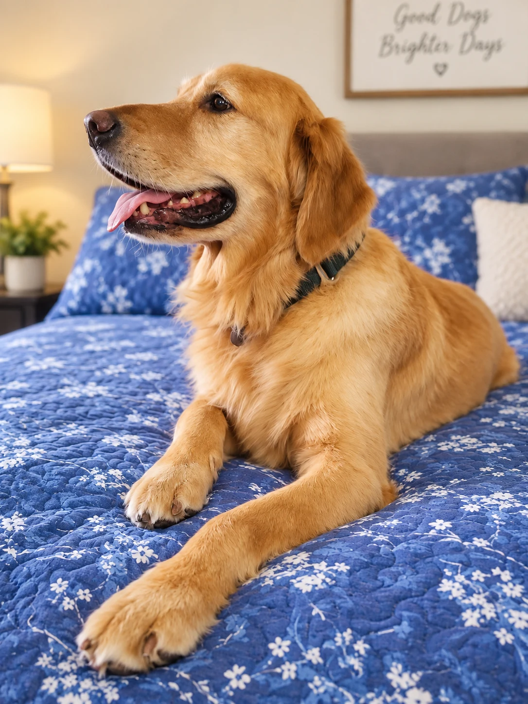 Senator lying on a blue floral bedspread indoors.