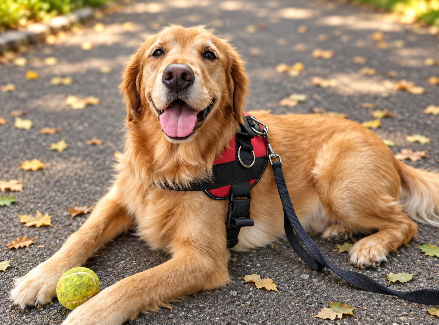 Senator lying on pavement wearing a red harness and leash, with a tennis ball nearby.
