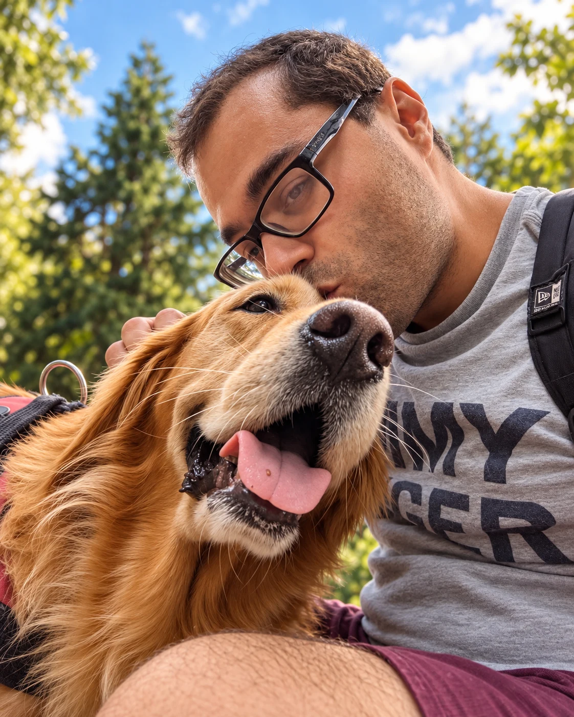 A person gently kissing the top of Senator's head outdoors on a sunny day.