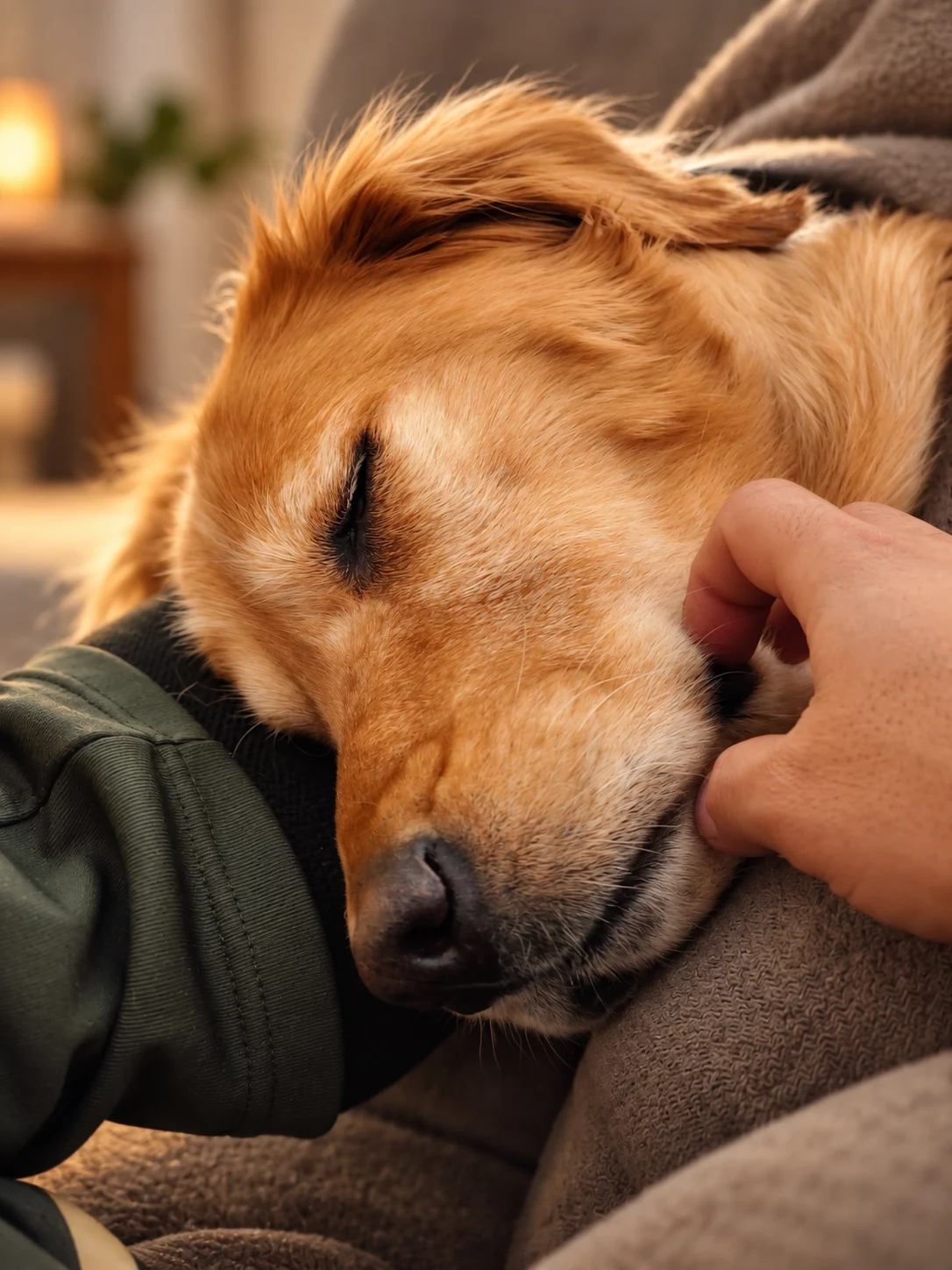 Senator resting with his head on a person's arm in warm, cozy indoor light.