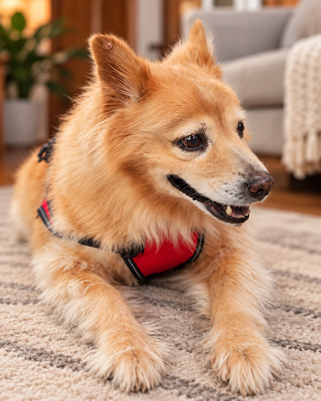 Sydney resting on a soft rug in profile, wearing a red support harness, with a couch and houseplant in the background.