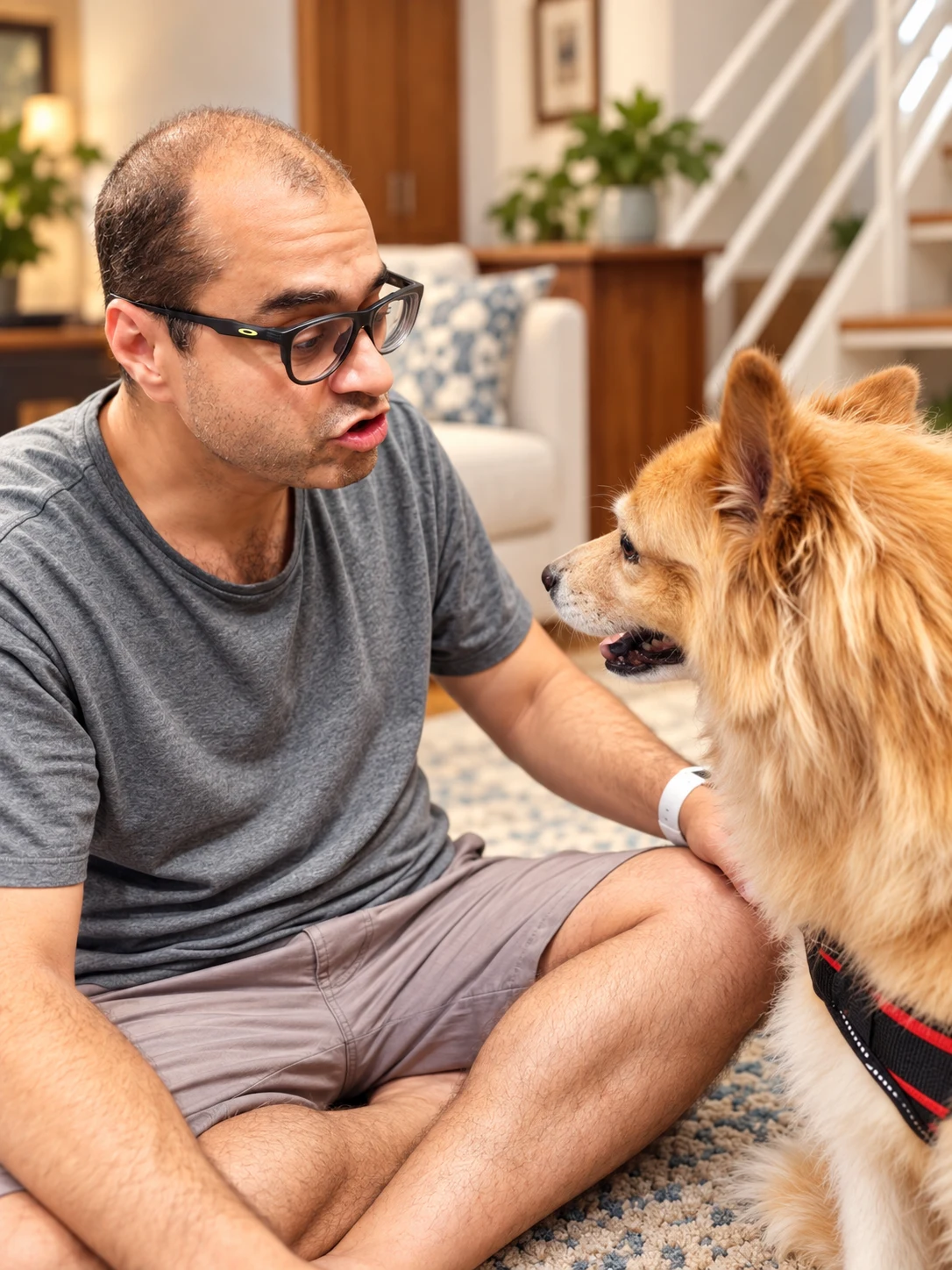 A person sitting on the living-room floor beside Sydney, one hand resting gently on the dog, who wears a red support harness.
