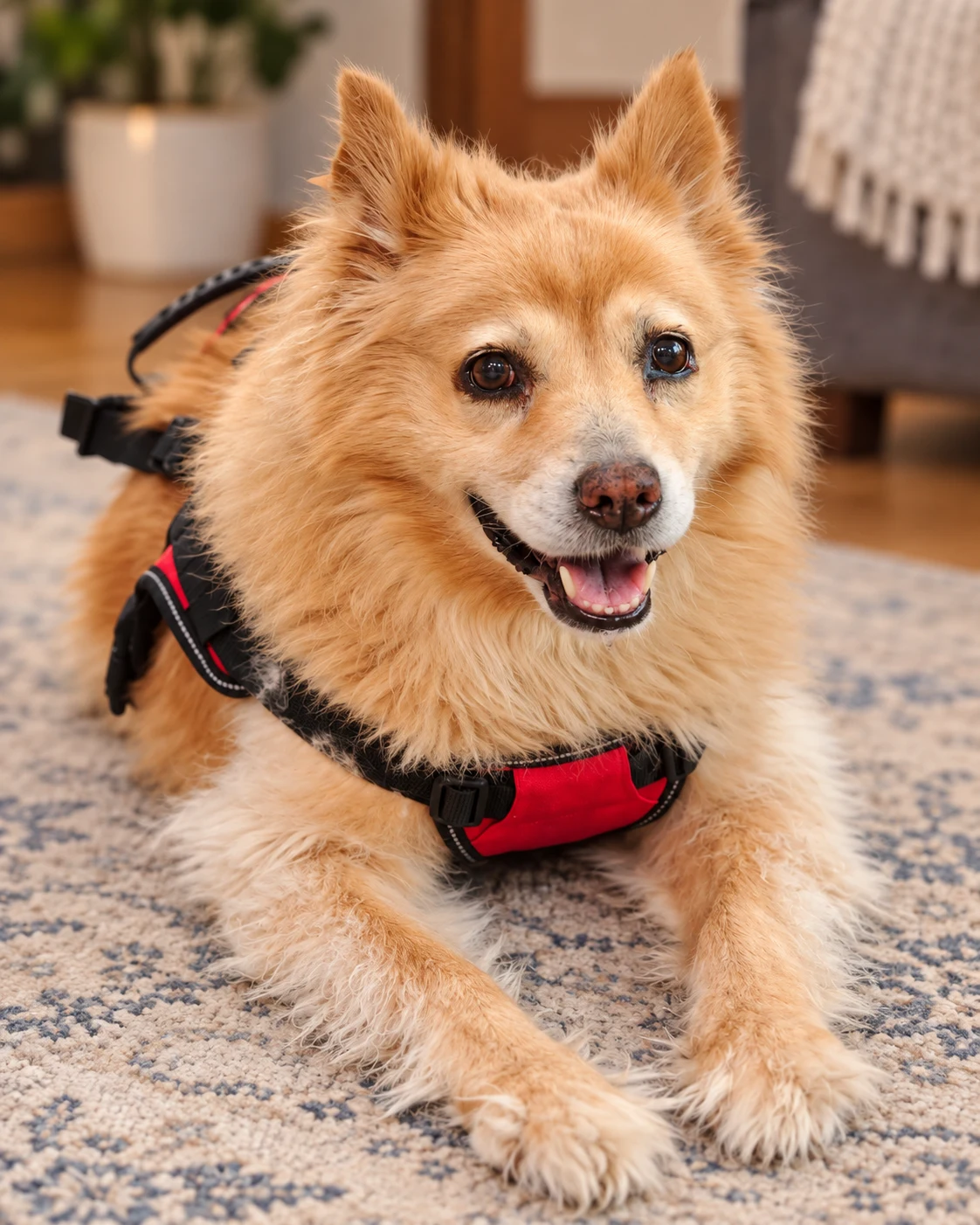 Sydney lying on a patterned rug, facing the camera with a happy, open-mouthed expression, wearing a red-and-black support harness.