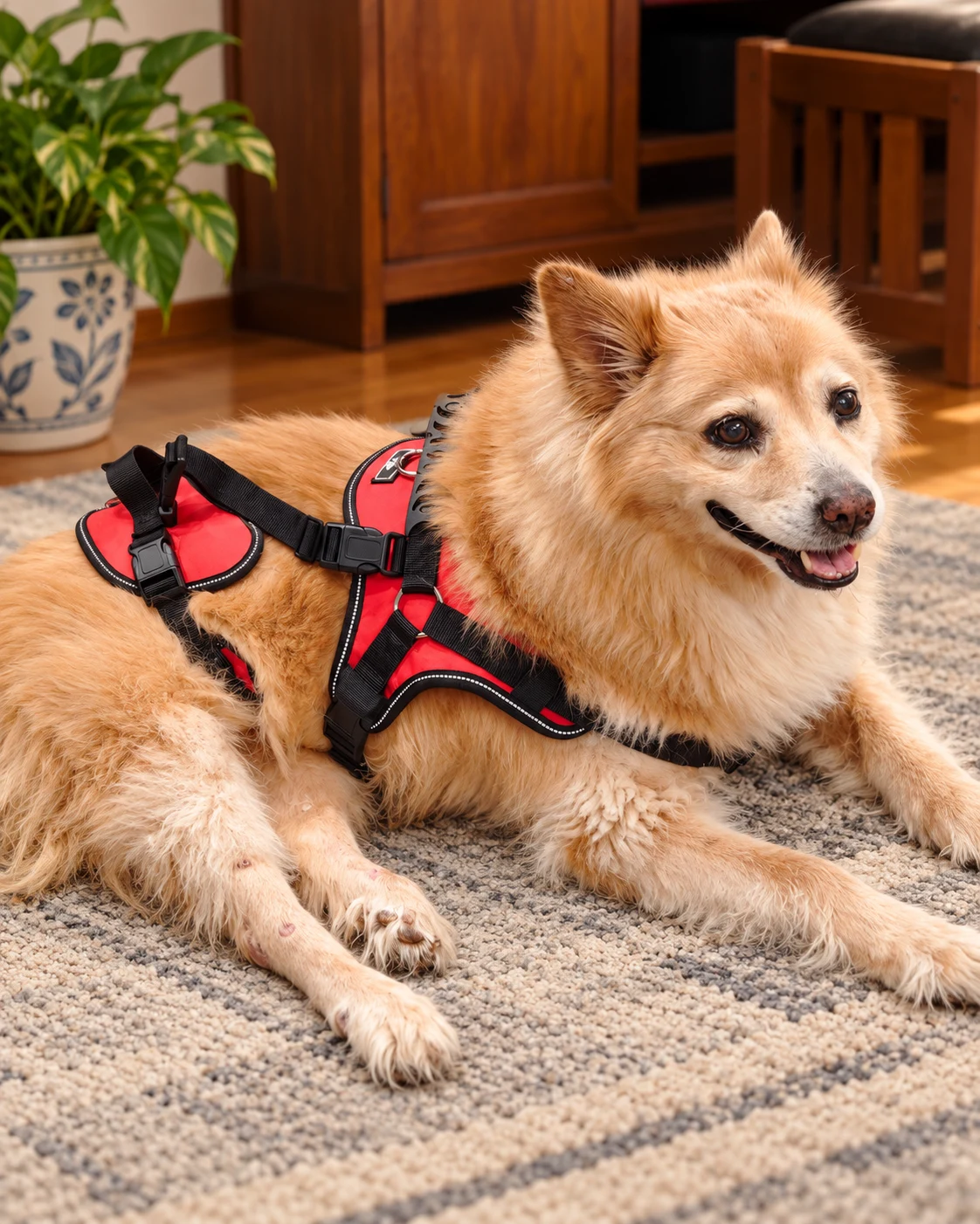 Sydney, a cream-and-apricot spitz-mix dog in a red support harness, resting on a patterned rug beside a blue-and-white planter at home.
