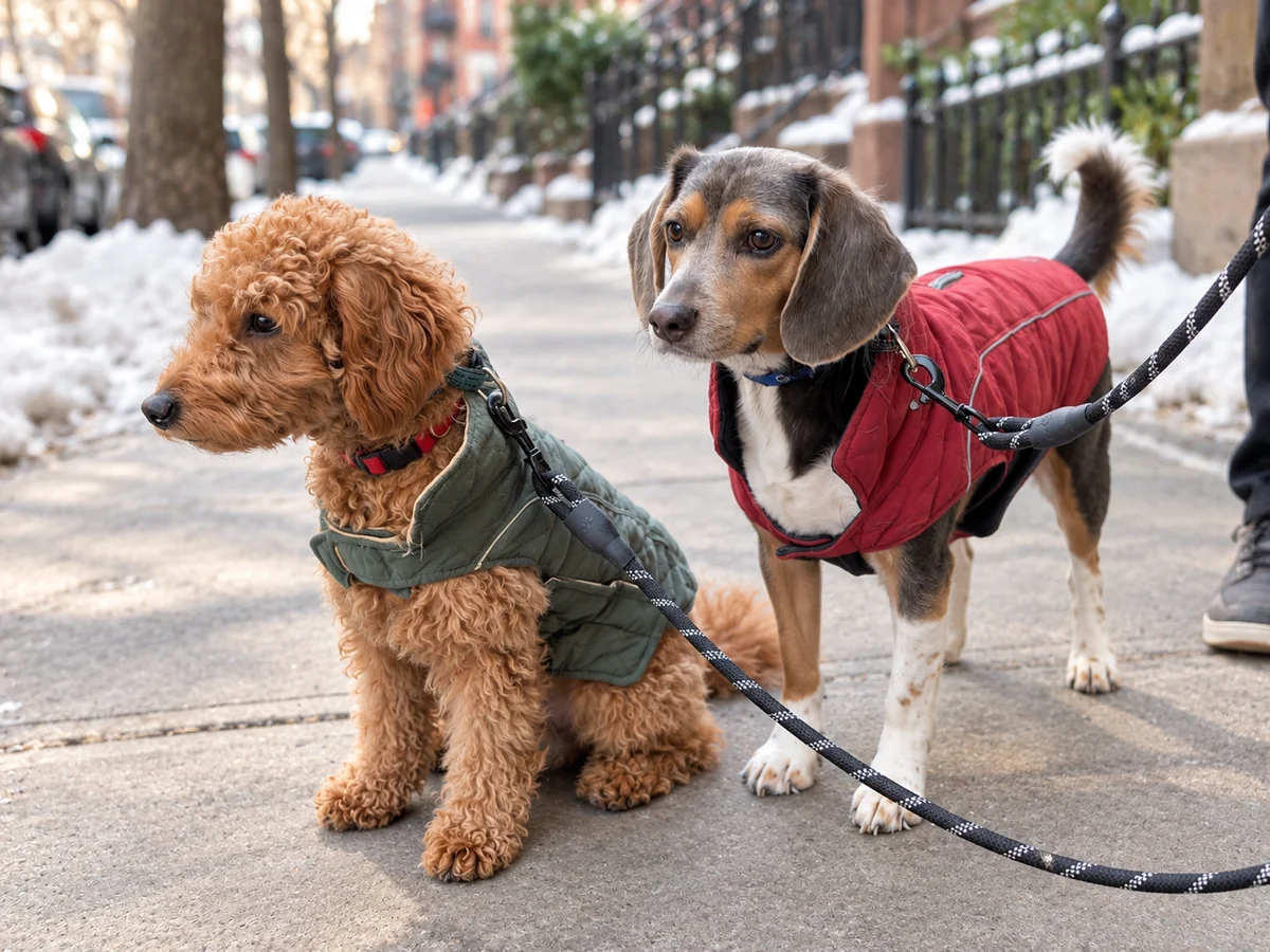 Gen and Red, two dogs in winter coats, on a snowy Carnegie Hill sidewalk during a walk