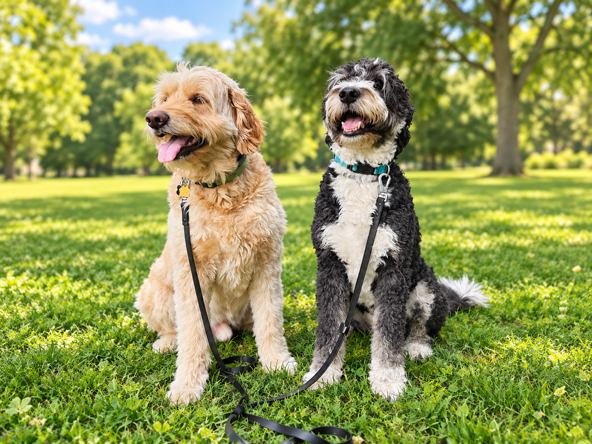 Saint and Franklin sitting together on the grass during a walk.
